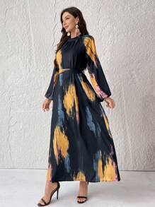 Modelyn Ladies' Printed Casual Long Sleeve Arabian Dress With Belt - Blue - View 4