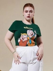 THE FLINTSTONES | SHEIN Áo thun tay ngắn in họa tiết nhân vật hoạt hình màu xanh lá cây thời trang thường ngày cỡ lớn mùa hè - màu xanh lá - Xem 1