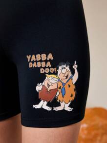 THE FLINTSTONES | SHEIN 女款休閒卡通人物和字母印花彈性腰騎行短褲，夏季 - 黑色 - 查看 5