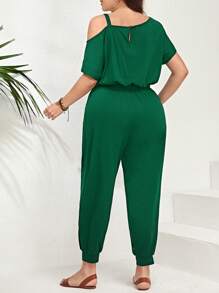 SHEIN LUNE Plus Size Solid Color Asymmetric Neckline Jumpsuit With Pockets, Summer Casual - Dark Green - View 2