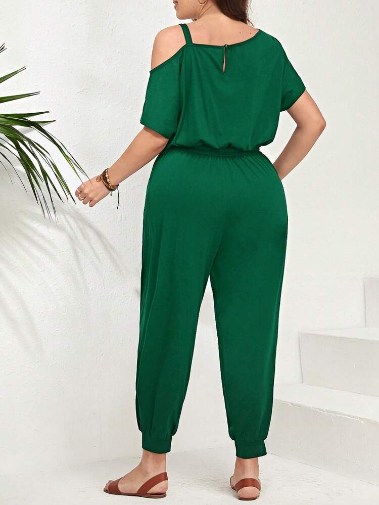 Plus Size Solid Color Asymmetric Neckline Jumpsuit With Pockets, Summer Casual