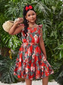SHEIN Tween Girls Kích thước mở rộng Kỳ nghỉ & Mùa hè Áo dệt kim thường ngày có hoa Ditsy với Bộ váy - Nhiều màu - Xem 3