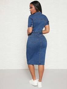 SHEIN SXY Women's Denim Dress With Short Sleeves, Single Row Button And Waist Belt For Summer - Medium Wash - View 2