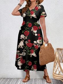 EMERY ROSE Plus Size Rose Flower Printed Slim Fit Women Dress For Summer - Black - View 5