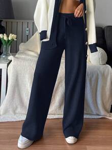 EURMUSE Colorblock Drop Shoulder Sweater Cardigan And Plain Loose-fit Wide-leg Pants Two-piece Set - Multicolor - View 4