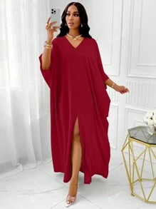 BIUBIU Plus Size V Neck Batwing Sleeve Split Thigh Dress
