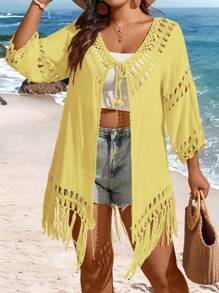 SHEIN VCAY Plus Size Women's Solid Color Simple Daily Kimono With Tassel Decoration Summer