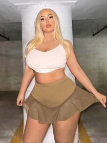 Allurite Plus Size Solid Color Sexy Mesh Contrast Summer Shorts - Brown - View 5