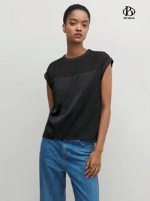 BizChic Women's Summer Solid Color Round Neck Mesh Contrast Batwing Short Sleeve Loose Shirt