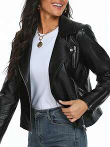 Jaqueta de Motocicleta de Couro PU Versátil e da Moda com Zíper no Colarinho