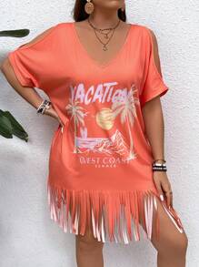 SHEIN VCAY Plus Size Off-Shoulder Tassel Tropical Print Casual Dress
﻿