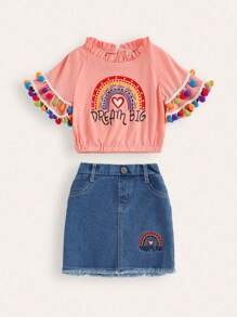 Young Girl Lace Round Neckline Floral Print Applique Bell Sleeve Top & Denim Skirt Set - Pink - View 1