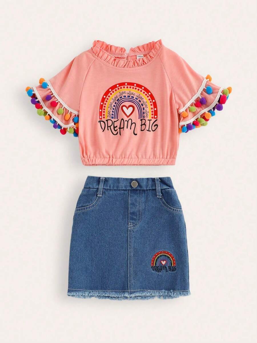 Young Girl Lace Round Neckline Floral Print Applique Bell Sleeve Top & Denim Skirt Set - Pink - View 1