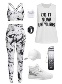 Easify SHEIN Sport Printed Loose Vest + Black Cross Back Tight Camisole + Printed Skinny Pants 3pcs/Setwomen Workout Set Women Leggings Set