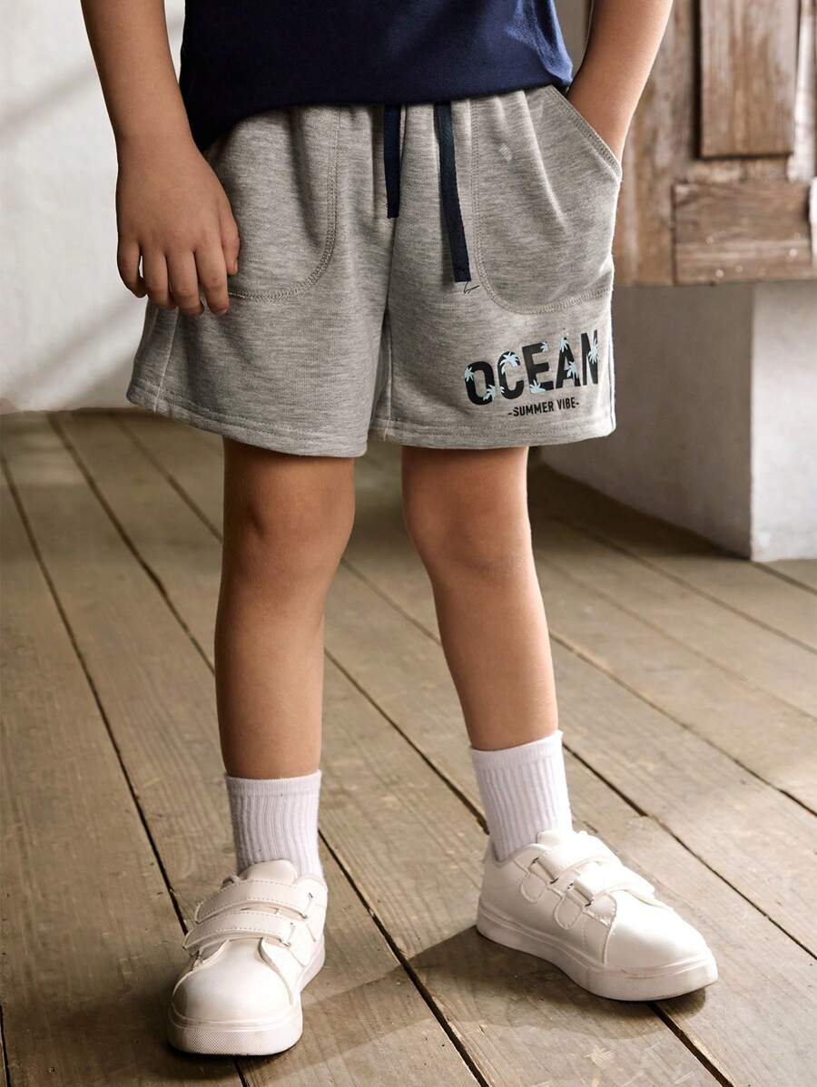 Cozy Pixies Young Boy Casual Sport Shorts With Letter Print And Color-Blocked Knitted Drawstring - Grey - View 1