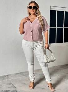 INAWLY Women's Plus Size Solid Color Simple Daily Short Sleeve Shirt - Baby Pink - View 4