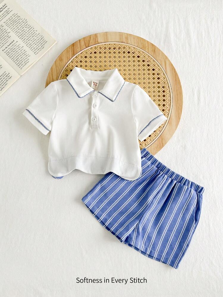 Baby Boy Contrast Collar Short Sleeve Cardigan Top & Colorful Striped Casual Shorts 2pcs/Set