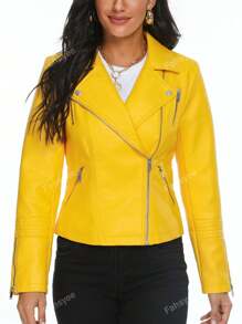 Women's Solid Color Collar Zip Design Casual Long Sleeve Jacket