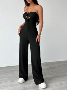 Flirla Solid Color Summer Sexy Tube Top Y2K Texture Fabric Casual Jumpsuit - Black - View 5