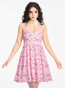Fairycore Vestido de jardín de mujer con ribete de encaje floral - Rosa - Ver 4