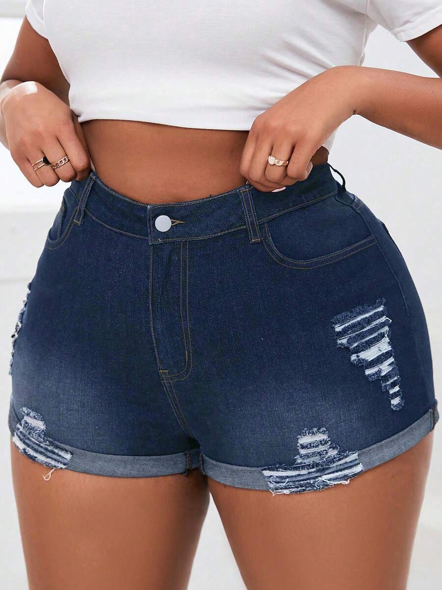 Quần short denim gấp gọn gợi cảm có độ đàn hồi cao - Rửa tối - Xem 1