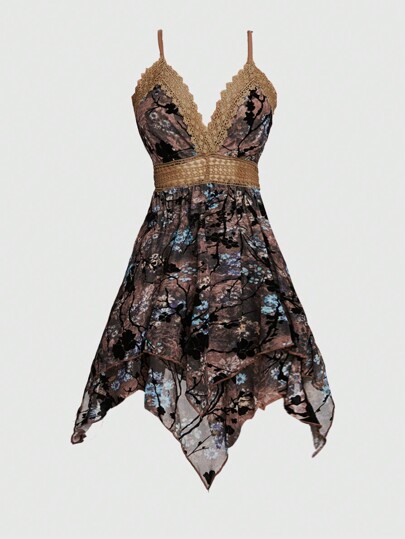 Fairycore Women's Vintage Tie-Dye Floral Print Contrast Lace Spaghetti Strap Dress, Summer