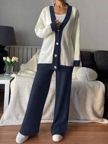 EURMUSE Colorblock Drop Shoulder Sweater Cardigan And Plain Loose-fit Wide-leg Pants Two-piece Set - Multicolor - View 3