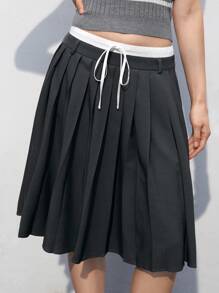 Maija 女士夏季校園風色彩撞色高腰百褶裙 - 藏蓝色 - 查看 3