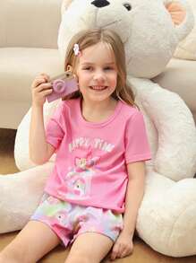 Young Girl Unicorn Patterned Shorts And Short Sleeve Casual Two-Piece Set, Home Clothes - Multicolor - View 6