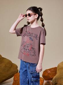 THE FLINTSTONES | SHEIN Camiseta casual de manga corta y talla amplia con personaje de dibujos animados y estampado de letras para niña preadolescente, verano