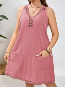 SHEIN LUNE Plus Size Solid V-Neck Sleeveless Hollow Dress With Pockets - Pink - View 1