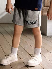 Cozy Pixies Young Boy Casual Sport Shorts With Letter Print And Color-Blocked Knitted Drawstring - Grey - View 5