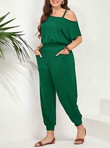 SHEIN LUNE Plus Size Solid Color Asymmetric Neckline Jumpsuit With Pockets, Summer Casual - Dark Green - View 5