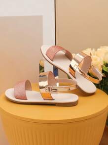 Girls Glitter Hook-and-loop Fastener Flat Sandals, Glamorous Summer Slingback Sandals