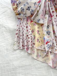 Soleia Ladies' Summer Fashion Asymmetrical Hem Bandeau Top With Ditsy Floral Print Patchwork And Tie-Detail