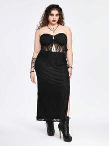 ROMWE Goth Sexy Mature Lady Strapless See-Through Slit Pencil Skirt Set With Plus Size Option - Black - View 1
