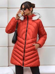 RueChic Patchwork Padded Jacket - Orange - View 3