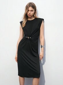 Maija Women's Summer Fashion Metal Decorated Twist Waist Wide-Shouldered Dress