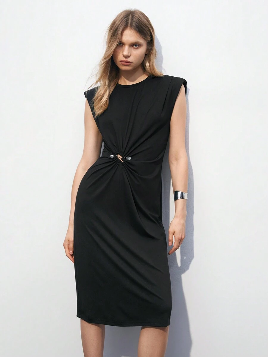 Maija Women's Summer Fashion Metal Decorated Twist Waist Wide-Shouldered Dress