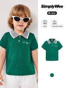 SHEIN 绿色拼布“Young Boy”刺绣 Polo 衫，春夏季短袖休闲装 - 綠色 - 查看 1