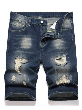 1 pieza Pantalones cortos vaqueros rectos y rotos de estilo casual urbano para hombres, adecuados para caminar por la ciudad, pasar el rato con la familia, actividades al aire libre, estilo emo