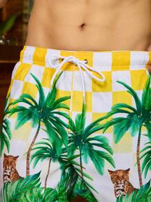 Surfspeed Herren Beach Shorts mit Palmen- und Leoparden Muster und Binde-Taille für lockere Passform im Urlaub - Gelb - Übersicht 5