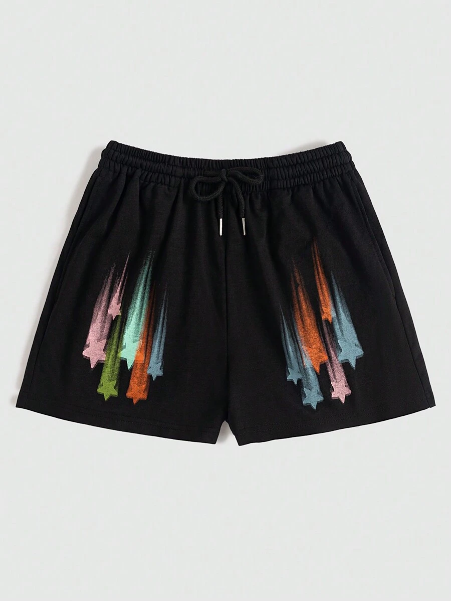 SHEIN EZwear Phong cách đường phố dành cho nữ Quần short in hình ngôi sao đầy màu sắc - màu đen - Xem 1