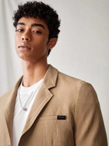 Manfinity VCAY 男士梭织两件套西装，休闲时尚，纯色长袖西装外套和短裤套装，适合日常穿着 - 卡其色 - 查看 3