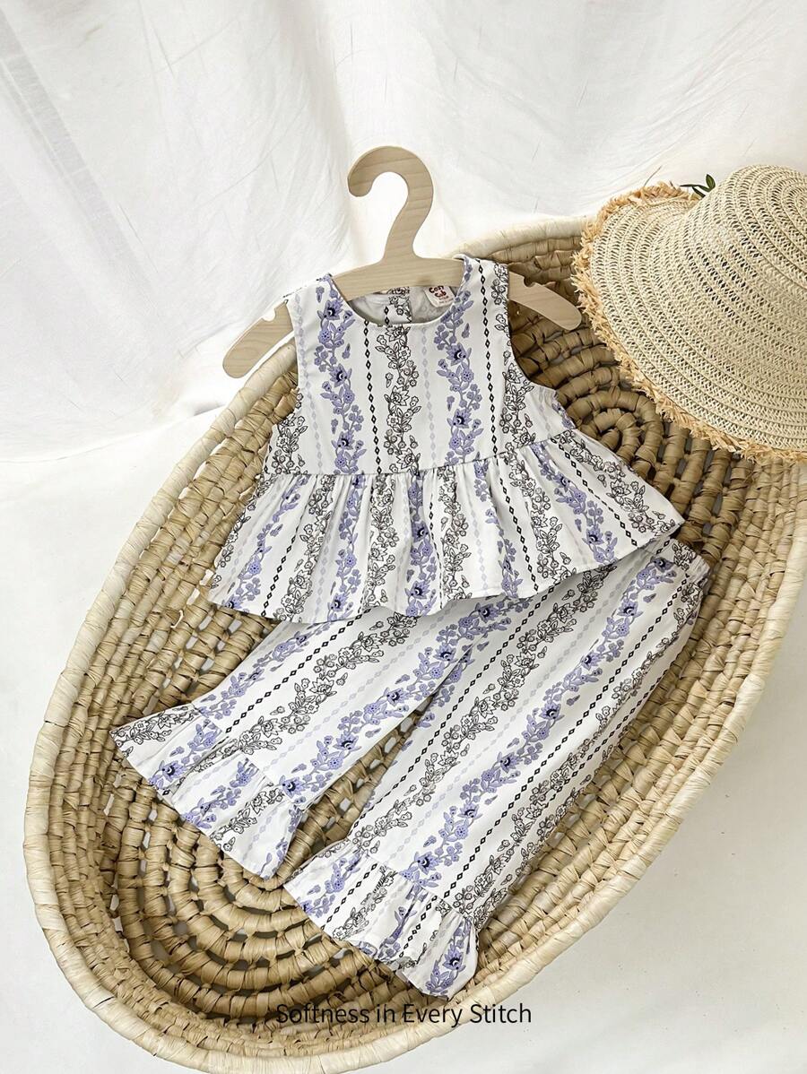 Cozy Pixies Baby Girl Botanical Floral Pattern Round Neck Pullover Top And Frilled Flare Pants Set - Coffee Brown - View 1