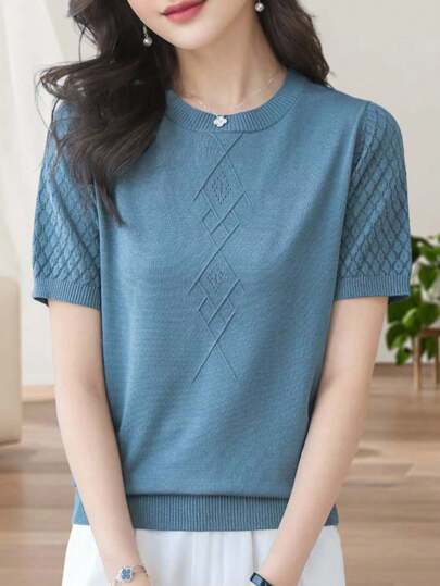 EMERY ROSE Women's Solid Color Basic Knit Short Sleeve Top For Daily Wear