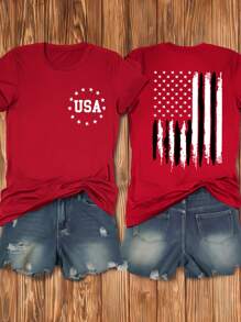 SHEIN LUNE Camiseta casual de mujer de talla grande con estampado estilo americano y manga corta para verano - Rojo - Ver 1