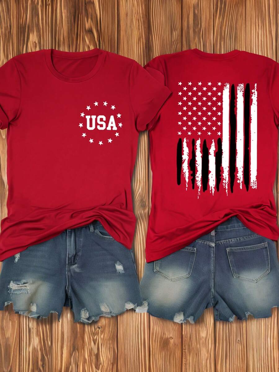 SHEIN LUNE Camiseta casual de mujer de talla grande con estampado estilo americano y manga corta para verano - Rojo - Ver 1