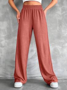 SHEIN Tall Tall Size Solid Elastic Waist Straight Leg Pants - Dusty Pink - View 4