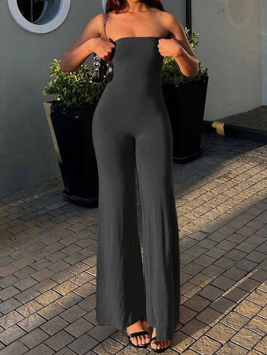 INAWLY Ladies' Plain And Simple Strapless Jumpsuit For Daily Wear - Dark Grey - View 1